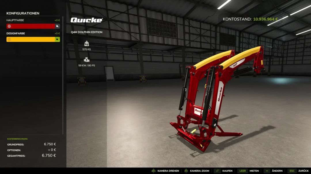 FS25 mod image showing Quicke Q4M Dolphin Edition customization screen in Farming Simulator 25.