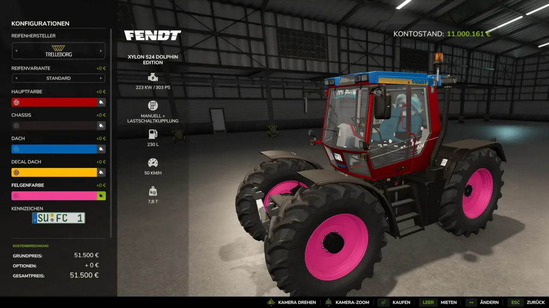 Farming Simulator 25 Fendt Xylon mod v1.0.0.0 with pink wheels in a customization menu.