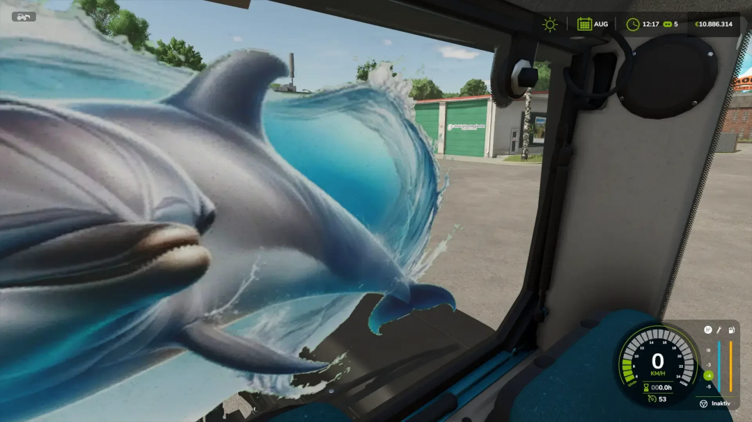 Farming Simulator 25 mods: Fendt Xylon v1.0.0.0 interior with large dolphin decal on window.