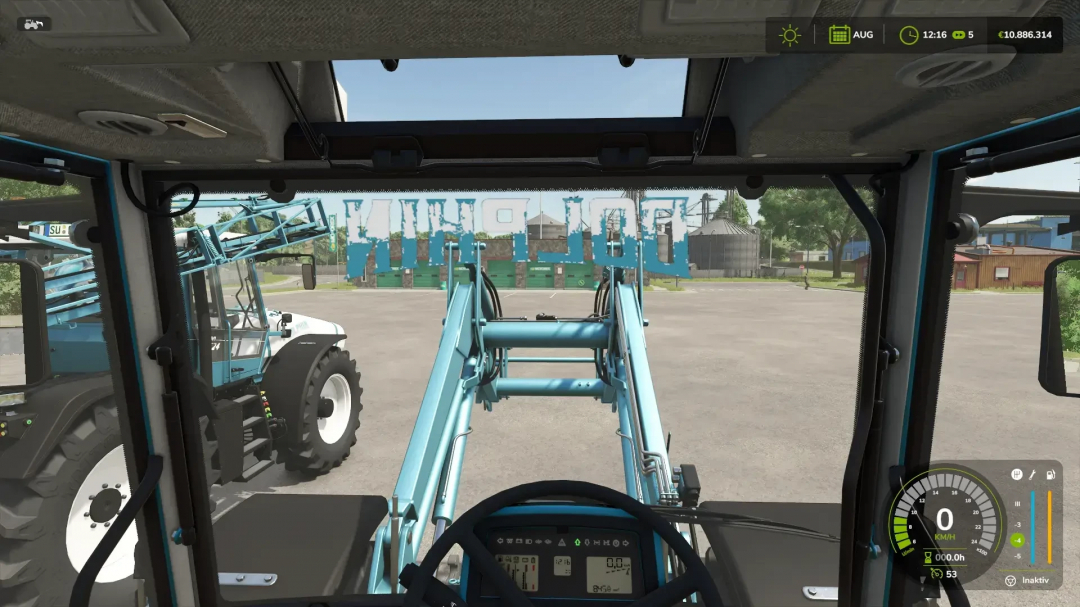 Fendt Xylon v1.0.0.0 in-cab view showing dashboard and loader arm in FS25 mod.