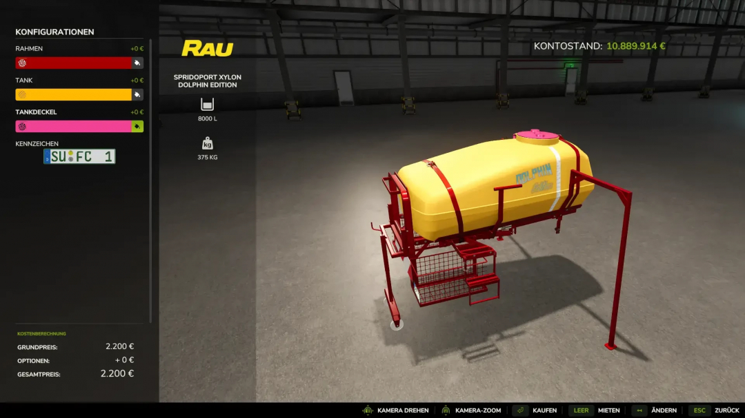 FS25 mod Fendt Xylon v1.0.0.0 showing RAU SpridOport Xylon Dolphin Edition with configuration options.