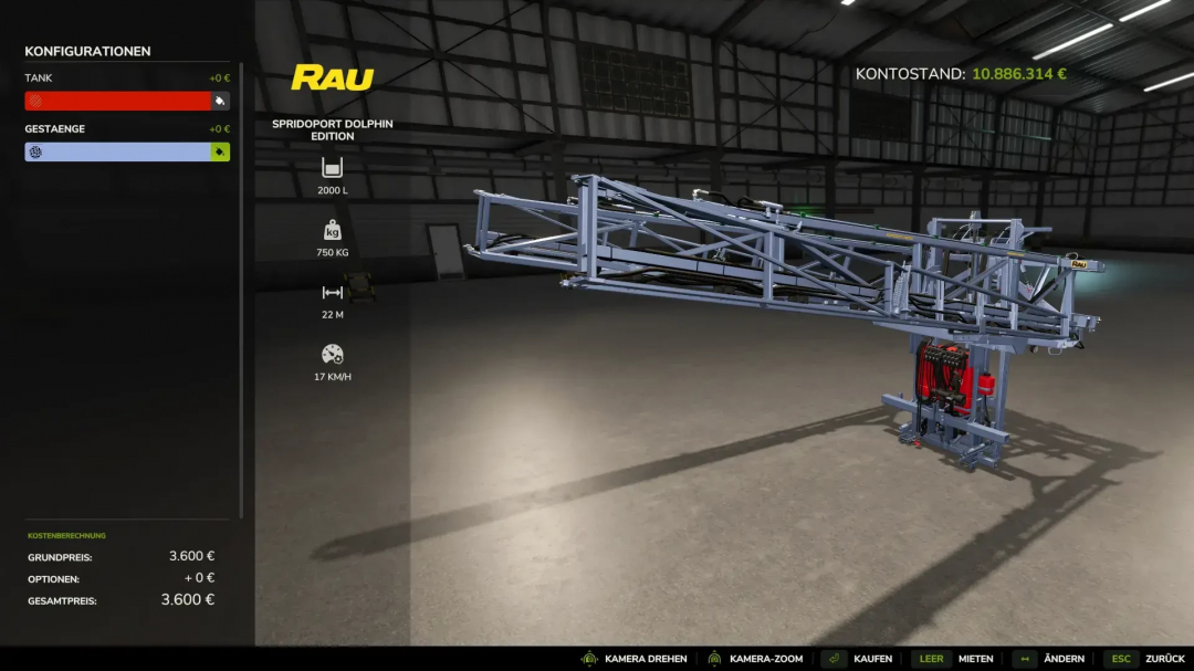 Farming Simulator 25 mod, RAU Spridopport Dolphin Edition with 2000L tank, in-game configuration screen.