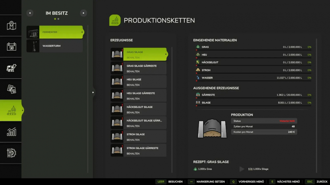 FS25 mod Fermenter v1.0.0.25 production chain menu showing grass silage input and output details.