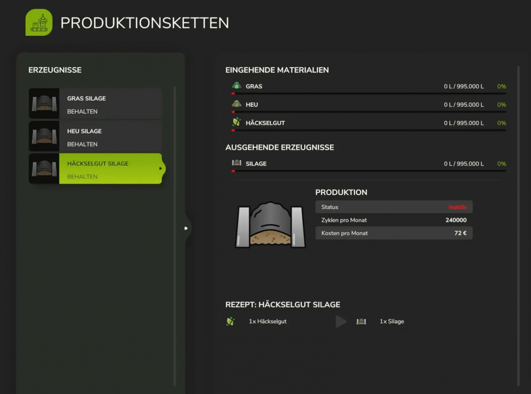 FS25 mod Fermenting Silo v1.0.0.0 interface showing grass, hay, chaff silage production processes and their status.