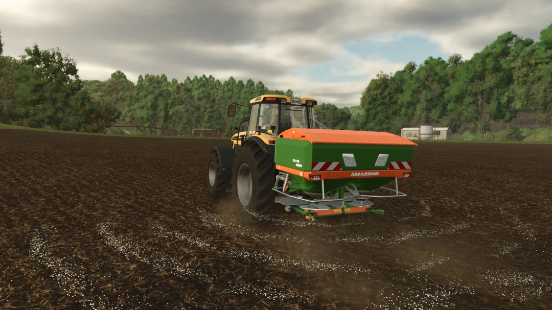 Tractor fertilizing a field using Fertilize Once mod in FS25.