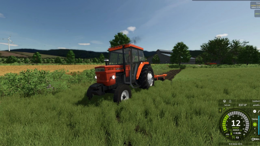 Fiat 480/640 Kabinli mod in FS25 showing a red tractor plowing a field.