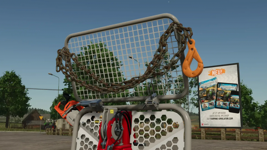 Forestry Winches v1.0.0.0 mod for FS25 with chains and hook, trees and poster in background.