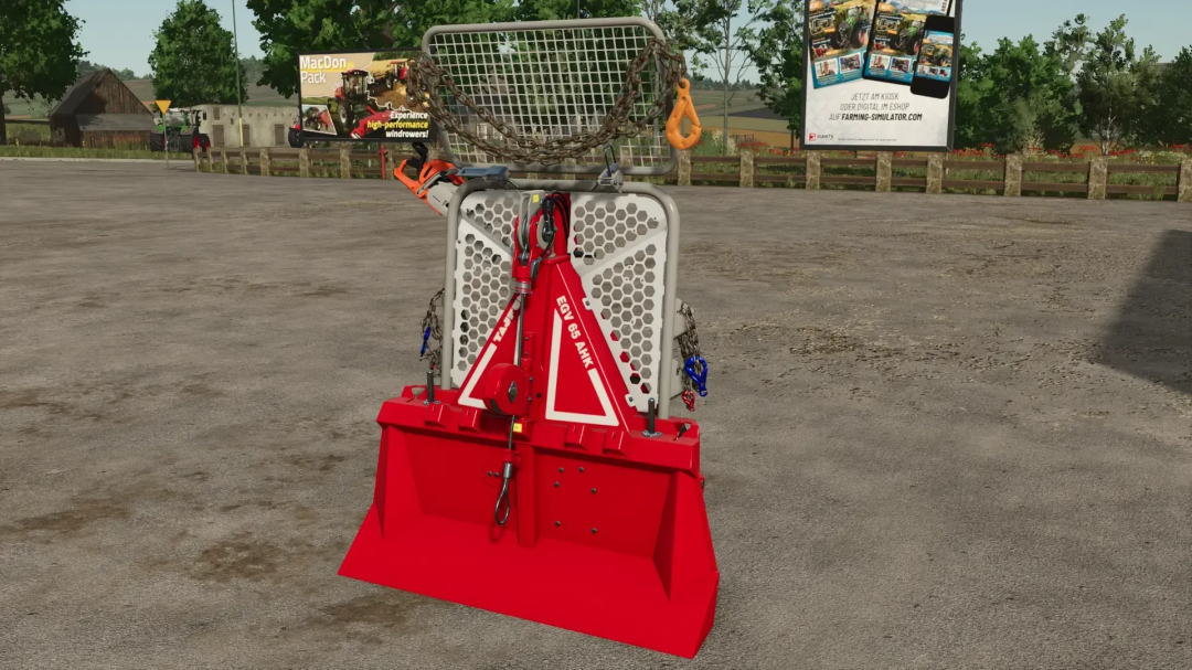 Forestry winch mod in FS25, displaying a red winch with hooks and chains on a farm.