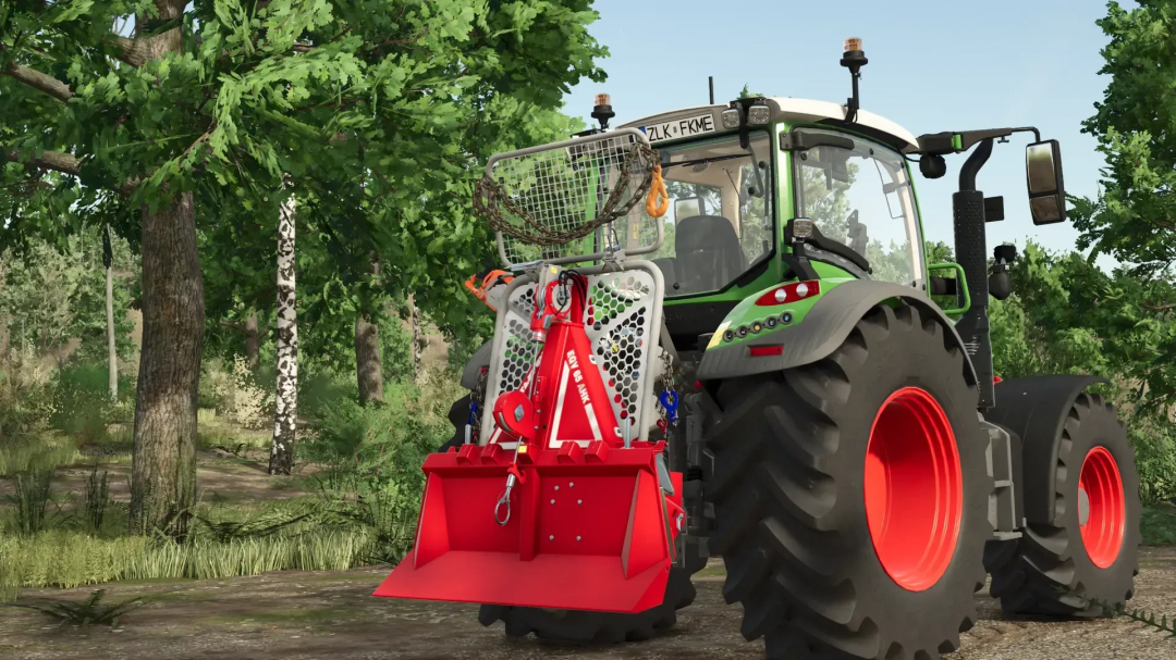 Forestry Winches mod in FS25 featuring a tractor in a forest. Enhances logging operations in Farming Simulator 25.