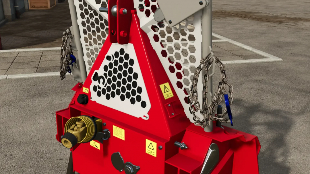 Close-up of Forestry Winches mod for FS25, featuring a red and white design with chains and safety labels.