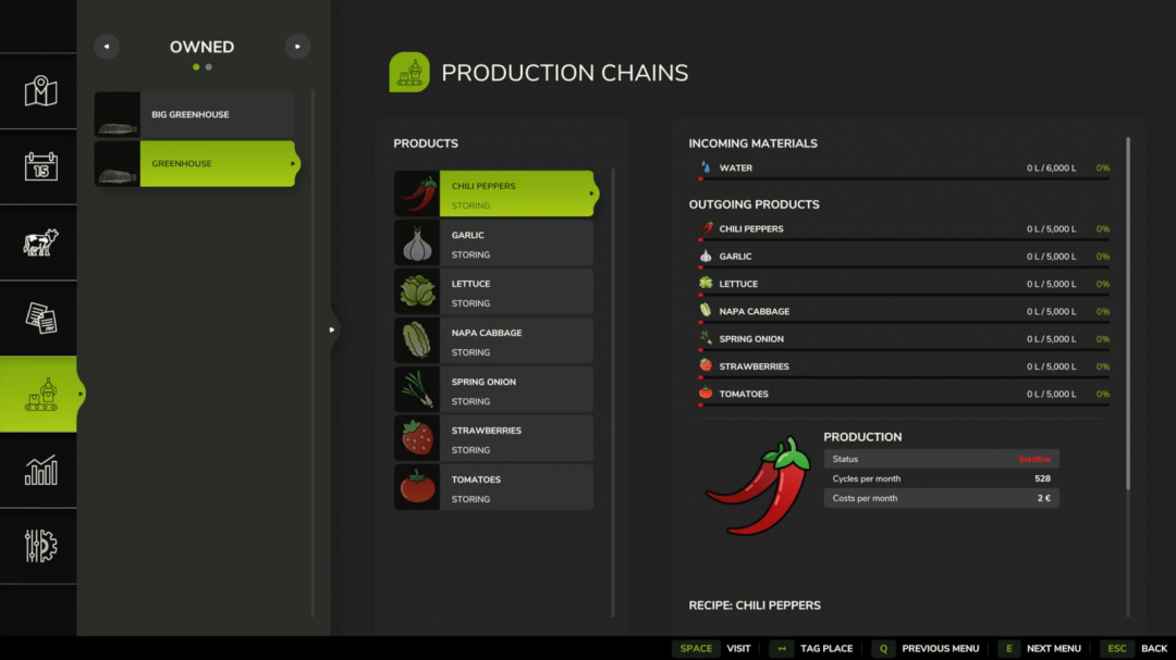 FS25 Greenhouse mod interface showing production chains for chili peppers, garlic, lettuce, and other products.