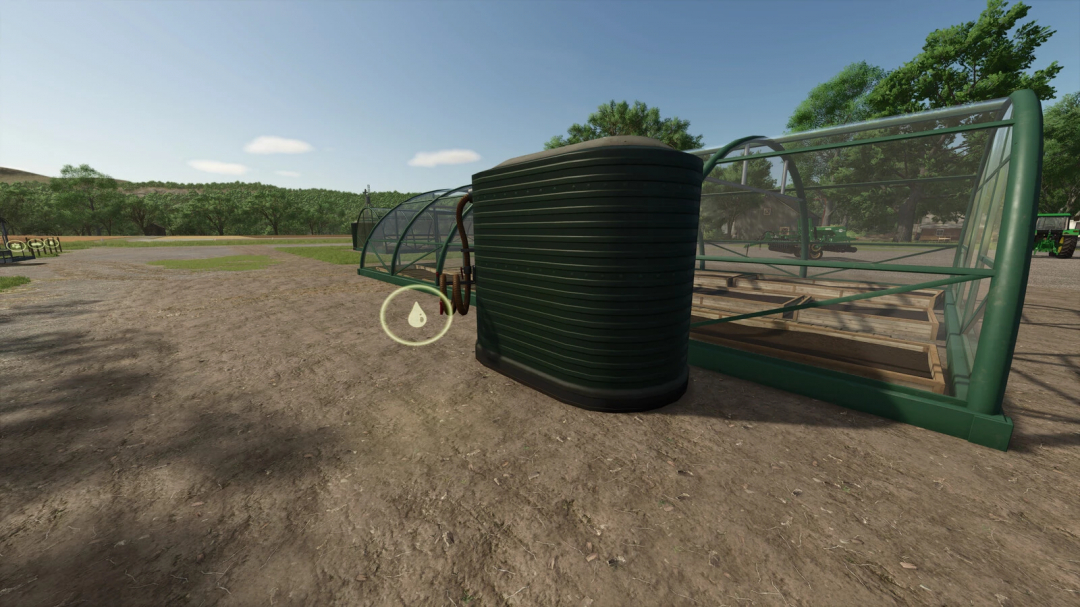 FS25 mod Greenhouse v1.0.0.0 featuring a water tank in a rural setting.