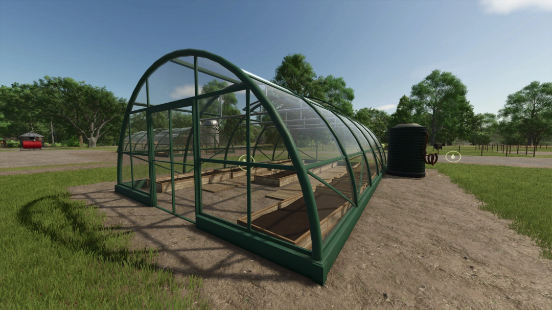 Greenhouse mod in Farming Simulator 25 depicting a large glass structure with planting beds.