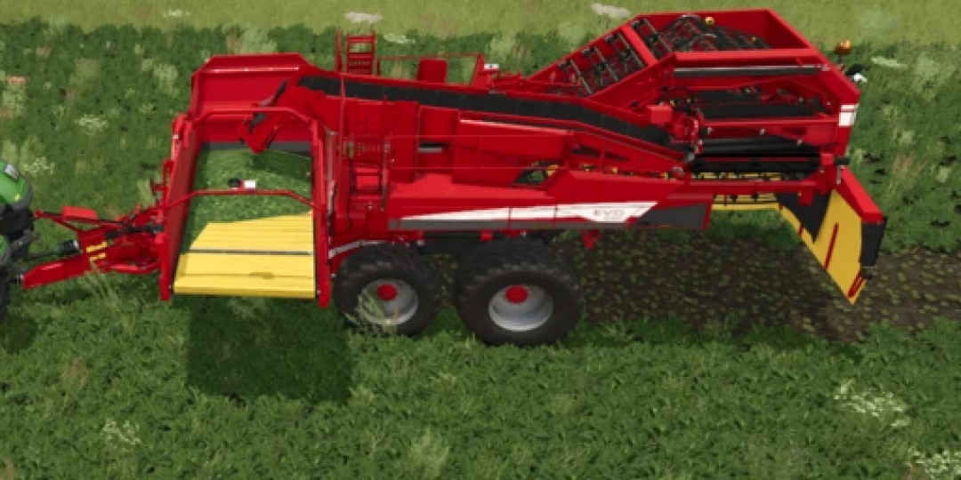 Grimme Evo 290 Multifruit mod for FS25, showcasing red machinery in a field.