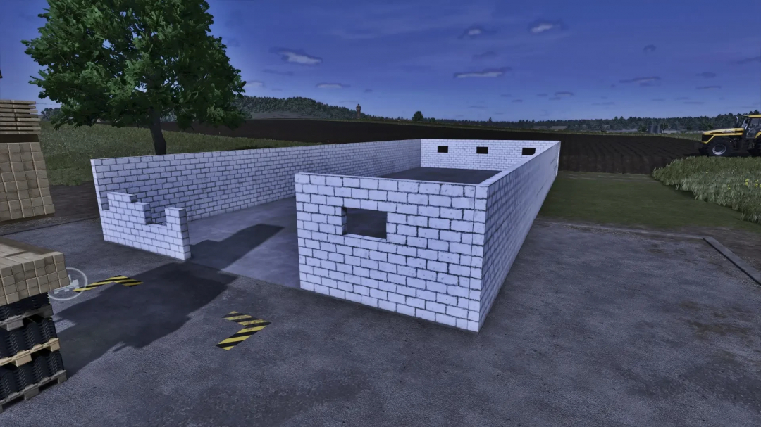 FS25 mod Hall packages v1.0.0.0 features a white brick building on a farm landscape.