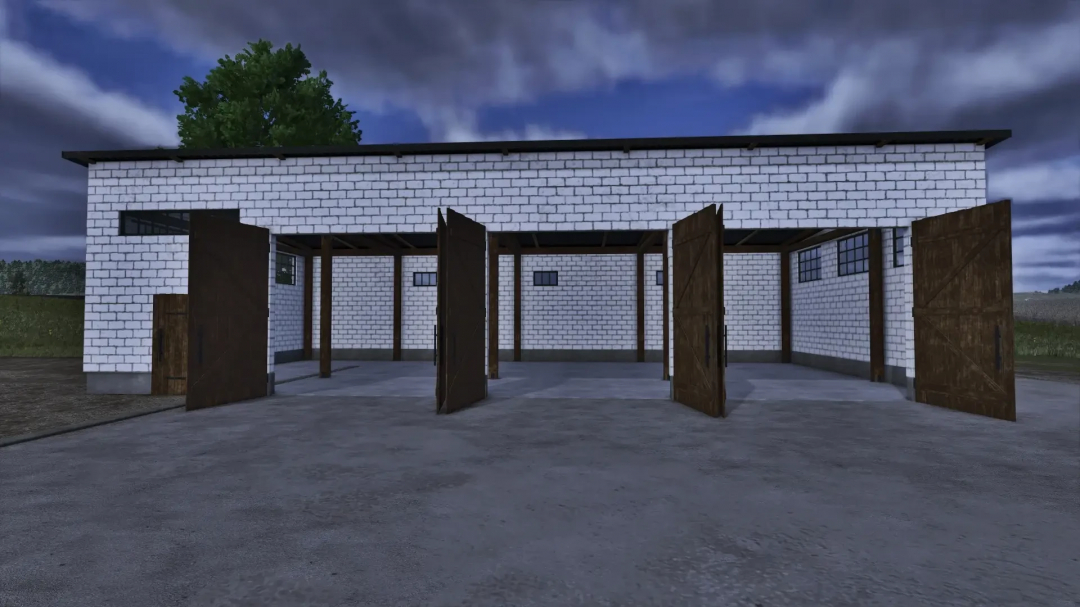 FS25 mods: Hall packages Placeable and Buildable v1.0.0.0 showcasing a large open barn with wooden doors.