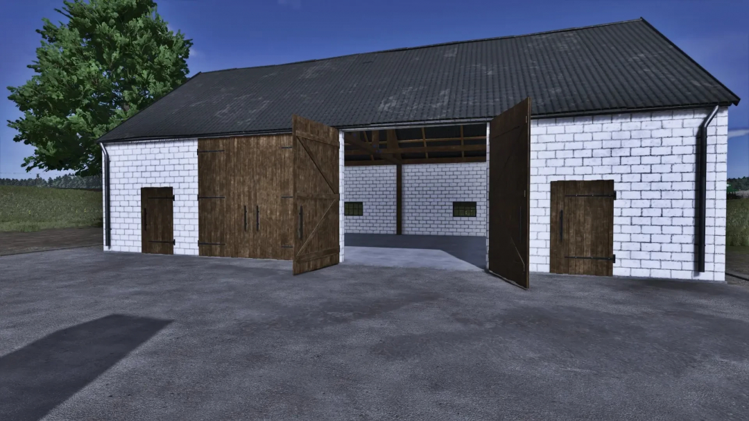 FS25 mod Hall packages Placeable and Buildable v1.0.0.0 showing a white brick barn with open wooden doors.