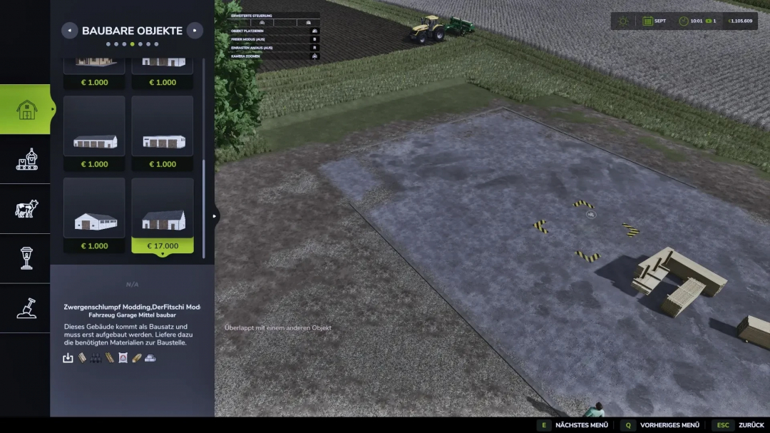 FS25 mod Hall packages Placeable and Buildable v1.0.0.0 menu showing garages and a construction site in Farming Simulator 25.