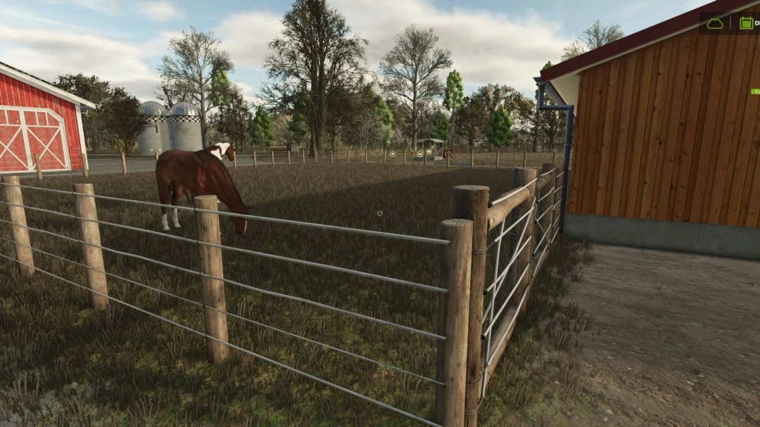 FS25 mod Happy Horse v1.0.0.0 showcasing a horse grazing in a fenced pasture near a barn.