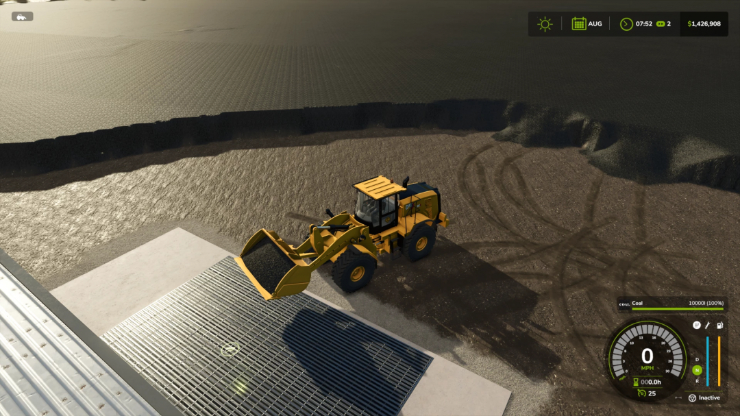 FS25 Heating Plant v3.0.0.0 mod: Yellow wheel loader dumping coal at plant site.