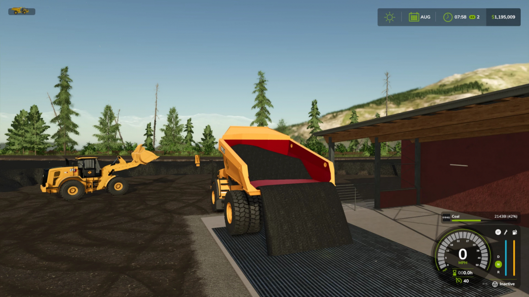 FS25 Heating Plant mod with vehicles transporting coal at a facility.