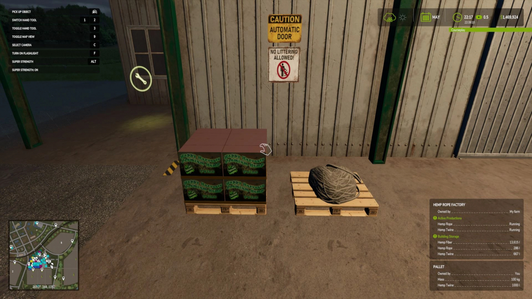 FS25 mod Hemp Production System v1.3.0.2 showing pallets of hemp products in a warehouse setting.