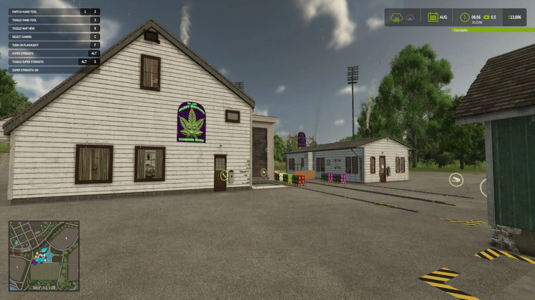 FS25 mod: Hemp Production System v1.3.0.2 showing a hemp processing building and surrounding area.