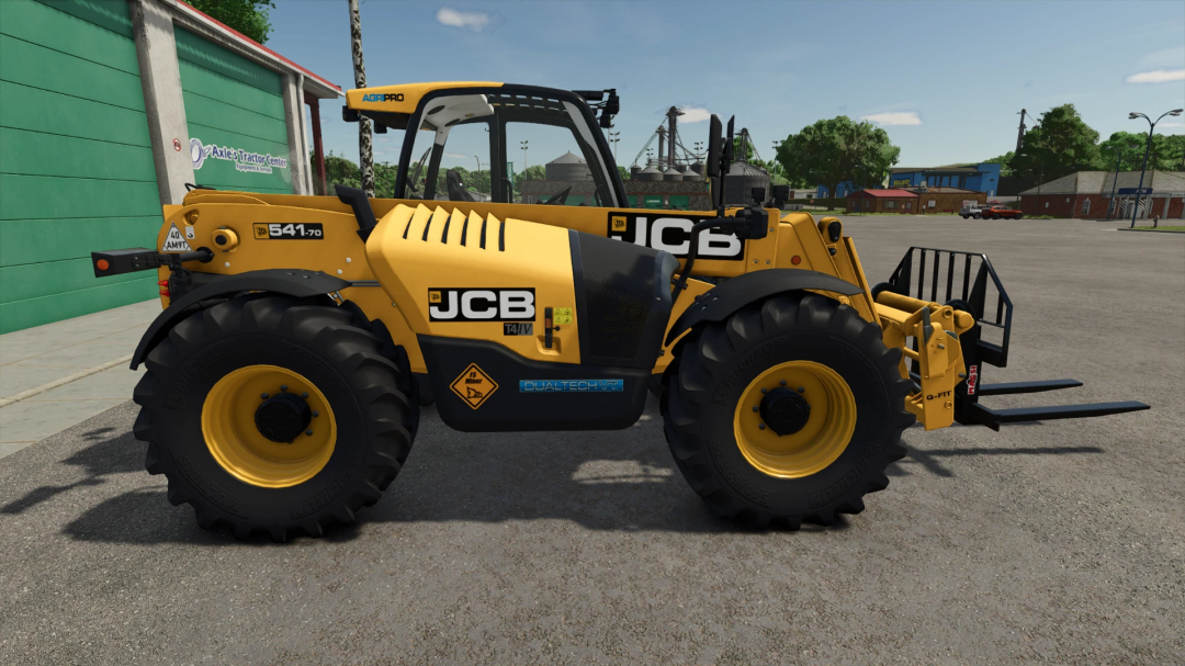 FS25 mod JCB 547 v1.0.0.0 featuring a yellow telehandler parked at a tractor center. Farming Simulator 25 mods.