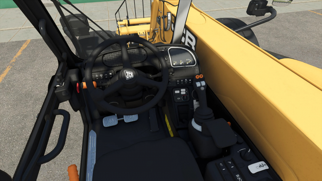 Interior view of JCB 547 tractor cabin in FS25 mod, featuring steering wheel, pedals, and dashboard.