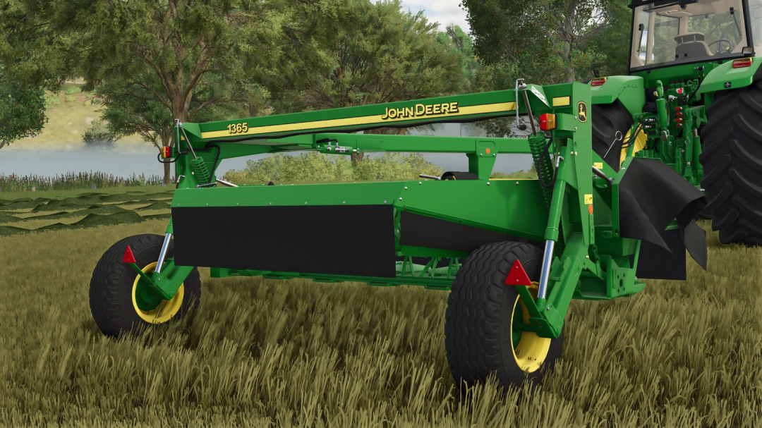 John Deere 1365 Mower mod in FS25 game setting, displaying detailed design and lush landscape.