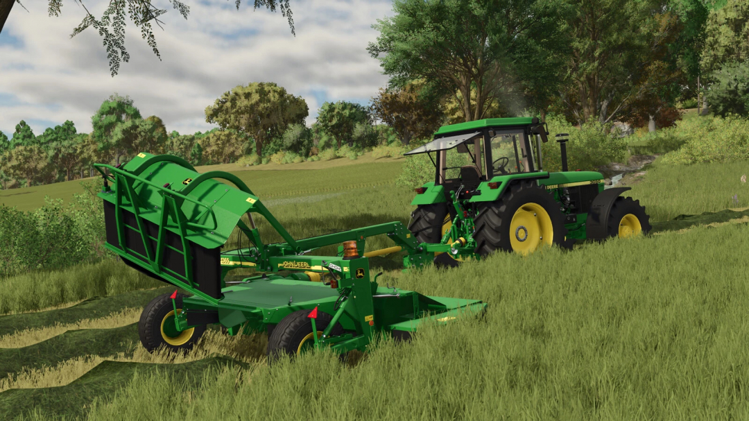 John Deere 1365 Mower attached to a green tractor in FS25 mods, showcasing detailed farming simulation graphics.