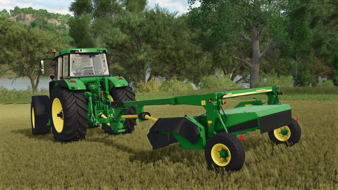 John Deere 1365 Mower mod in FS25, showing green tractor and mower in a field.