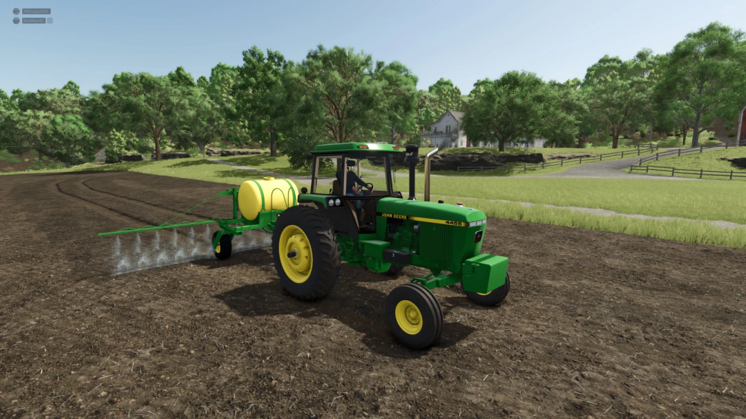 John Deere 250 Sprayer mod in Farming Simulator 25, showcasing a tractor spraying a field surrounded by trees.