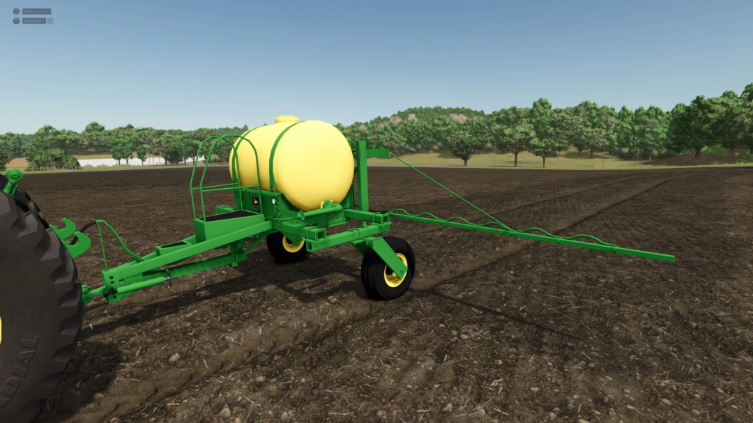 John Deere 250 Sprayer mod in FS25, featuring green body and yellow tank on a farmland.