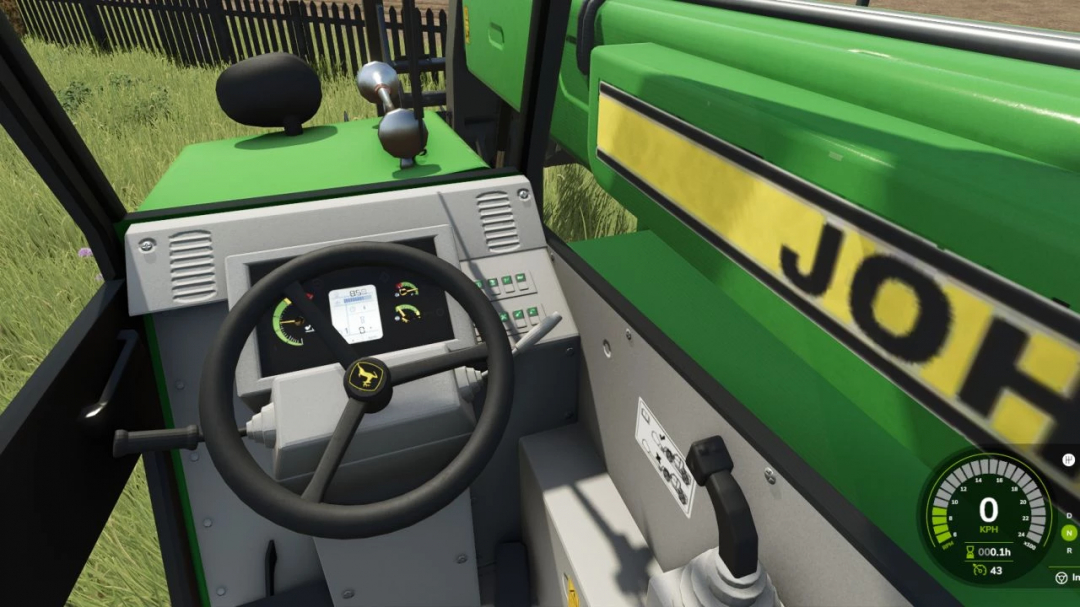 Interior view of John Deere 4500 mod in FS25 showing dashboard and steering wheel.