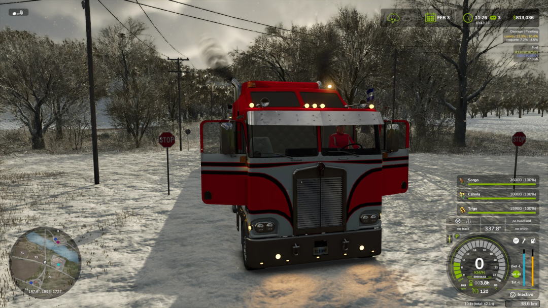 Kenworth K100 CabOver truck in snowy landscape, Farming Simulator 25 mods.