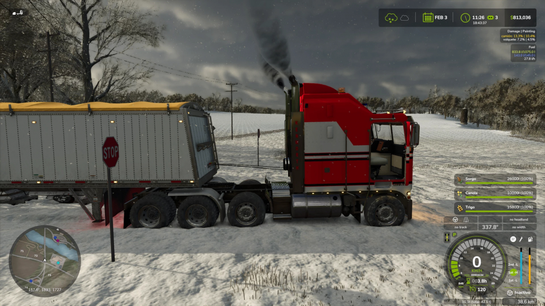 Kenworth K100 CabOver mod for FS25 displayed on a snowy farm road with a trailer, showcasing gameplay elements.