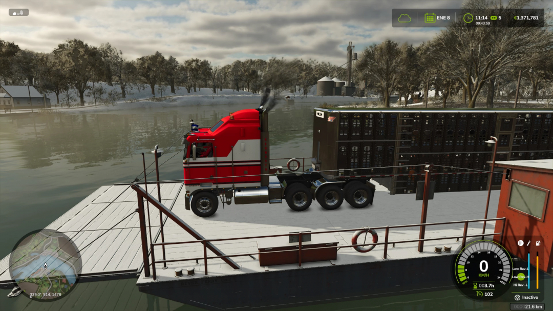 Kenworth K100 CabOver truck mod in FS25 on a ferry with snowy landscape.