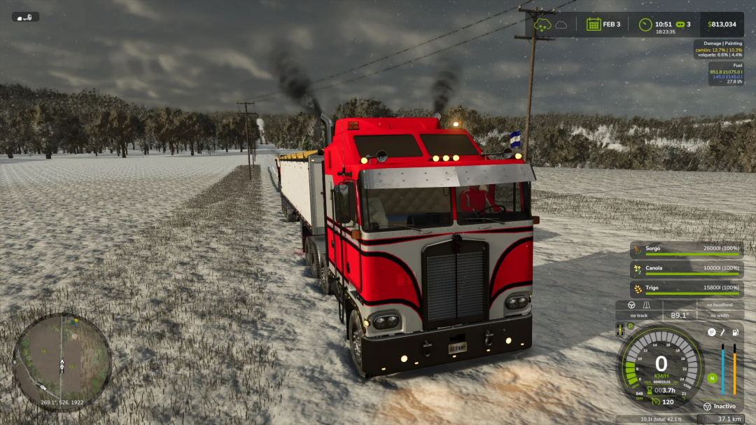 Kenworth K100 CabOver truck mod in FS25, driving through a snowy field with gauges displayed.