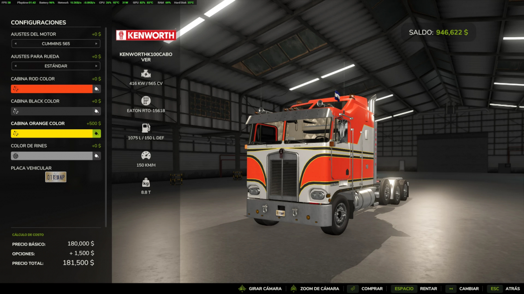 Kenworth K100 CabOver truck mod in FS25 v1.0.0.0 showing customization options including color and engine settings.