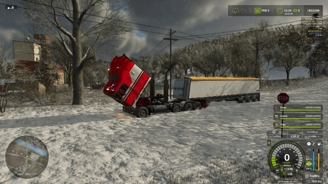 Kenworth K100 CabOver truck in snowy landscape, showcasing FS25 mod details.