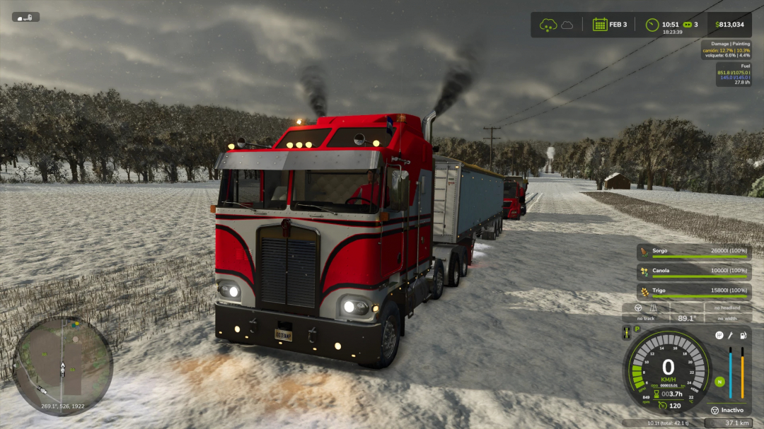 Kenworth K100 CabOver FS25 mod in snow-covered field, Farming Simulator 25.