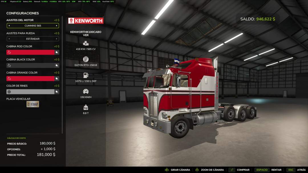 FS25 mod Kenworth K100 CabOver truck in garage with customization options displayed.