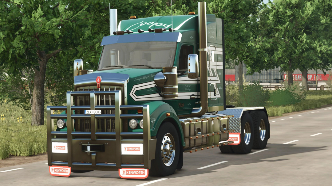 FS25 mod Kenworth T610 SAR v1.0.0.0 truck on a road, featuring detailed design and green paint, set in a lush environment.