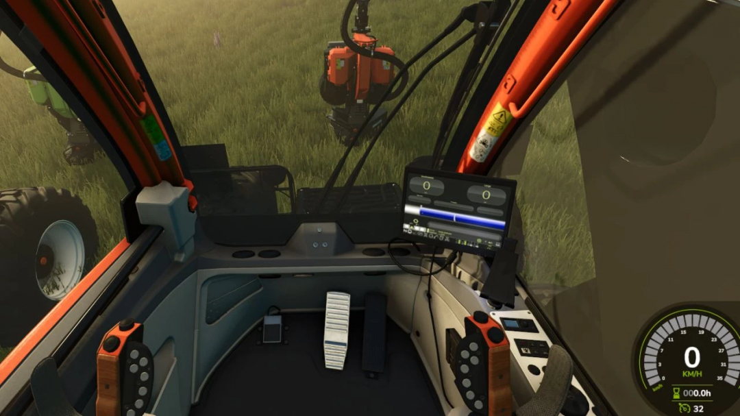 Komatsu 951 Edit v1.0.0.1 mod for Farming Simulator 25, showing realistic cabin controls with screen and pedals.