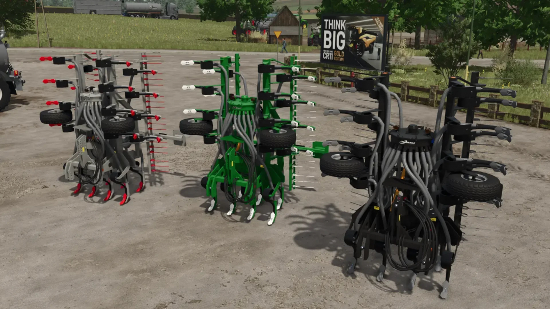 FS25 Kumm Technik Pack v1.0.0.0 mods displaying three agricultural machines in a farm setting.