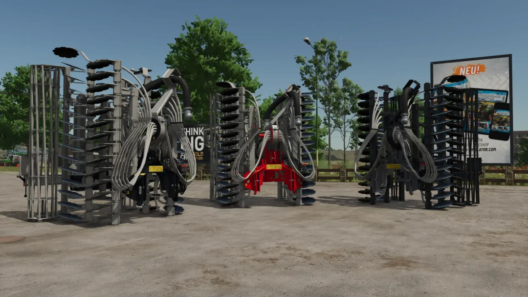 Various agricultural tools from the Kumm Technik Pack mod for Farming Simulator 25 on display outdoors.