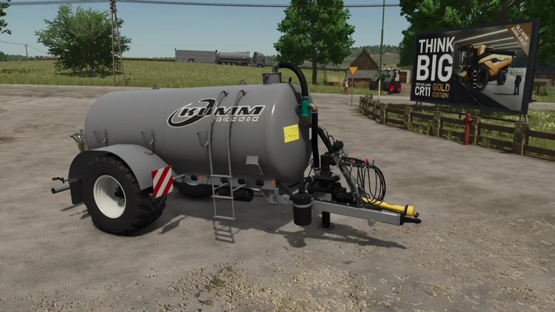 Farming Simulator 25 Kumm Technik Pack v1.0.0.0 mod showing a gray liquid manure tanker in a rural setting.