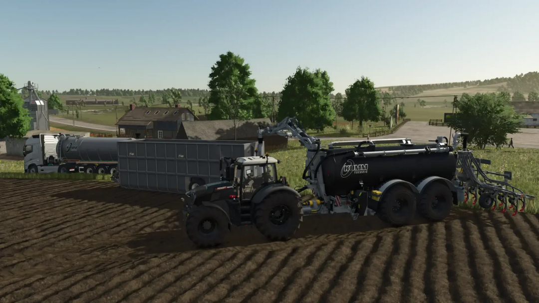 FS25 Kumm Technik Pack v1.0.0.0 mod with tractor and trailer on a farm field.