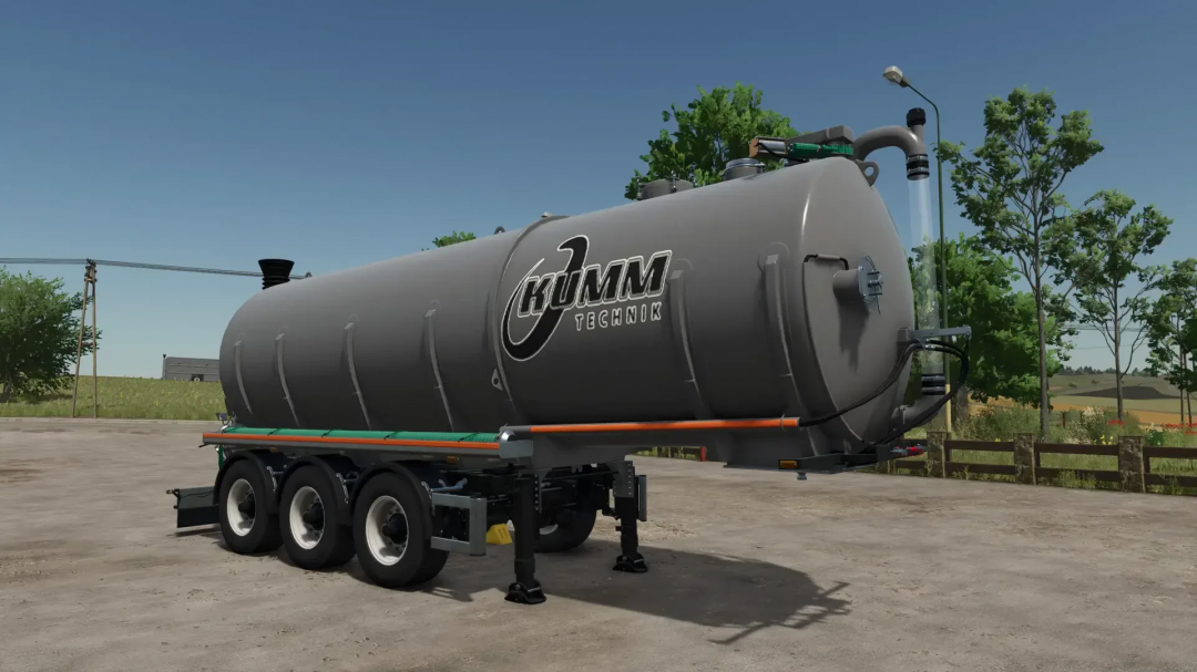 FS25 mod Kumm Technik Pack v1.0.0.0 features a large gray tanker trailer, enhancing Farming Simulator 25 gameplay.